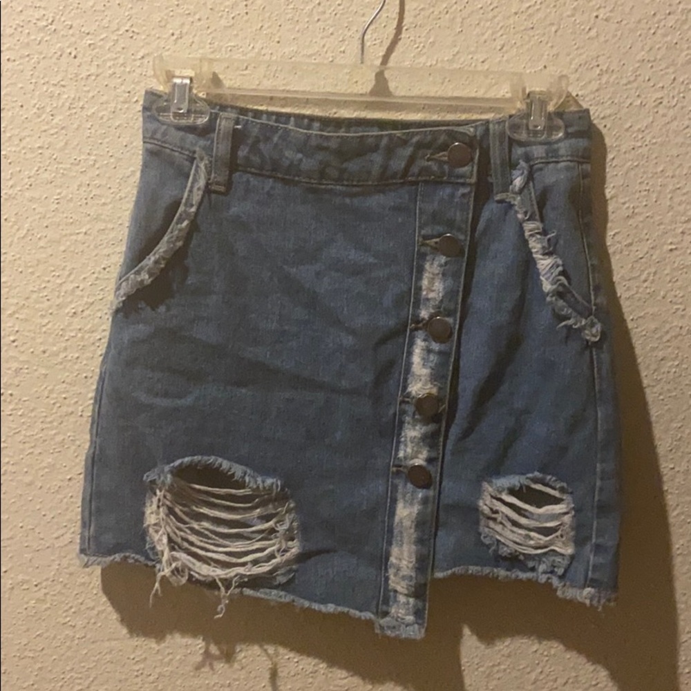 Button up blue jean skirt with holes